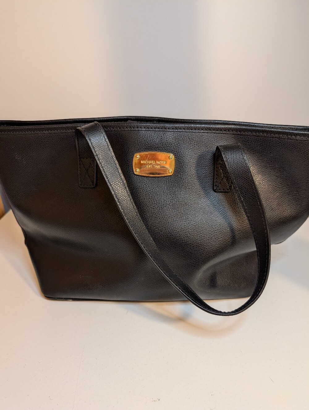 Michael Kors Black Leather Tote Bag with Gold Plaque